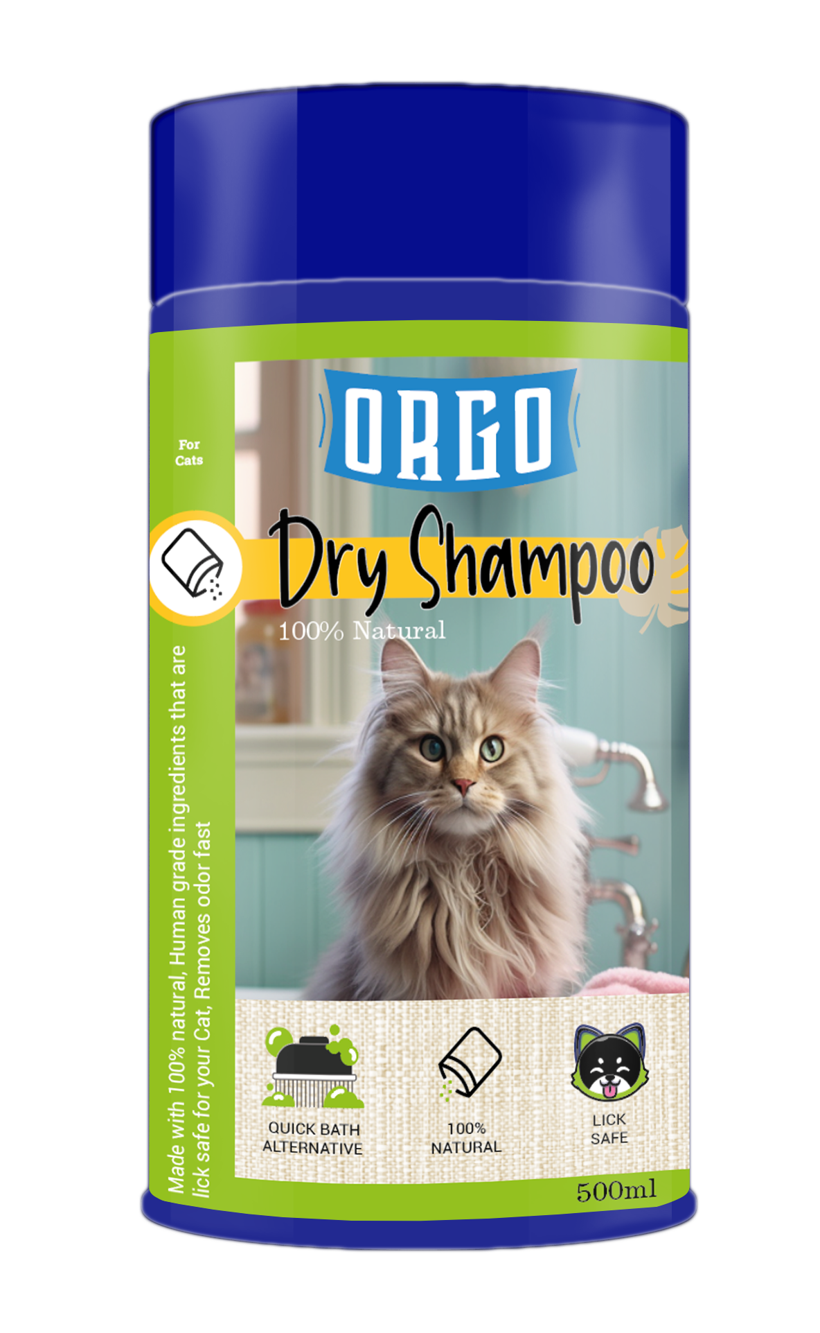 ORGO Dry Shampoo for Adult Cats – 500 ml Sprinkle-Top Canister