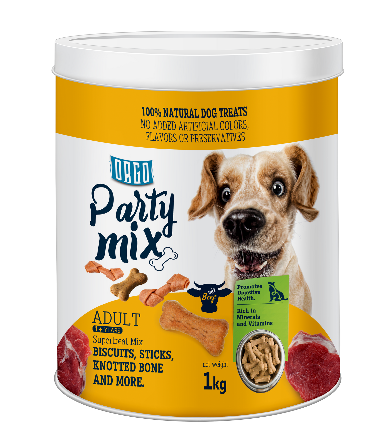 ORGO Party Mix™ Dog Treats – 1 kg Canister (Chicken, Beef, Turkey, Liver)