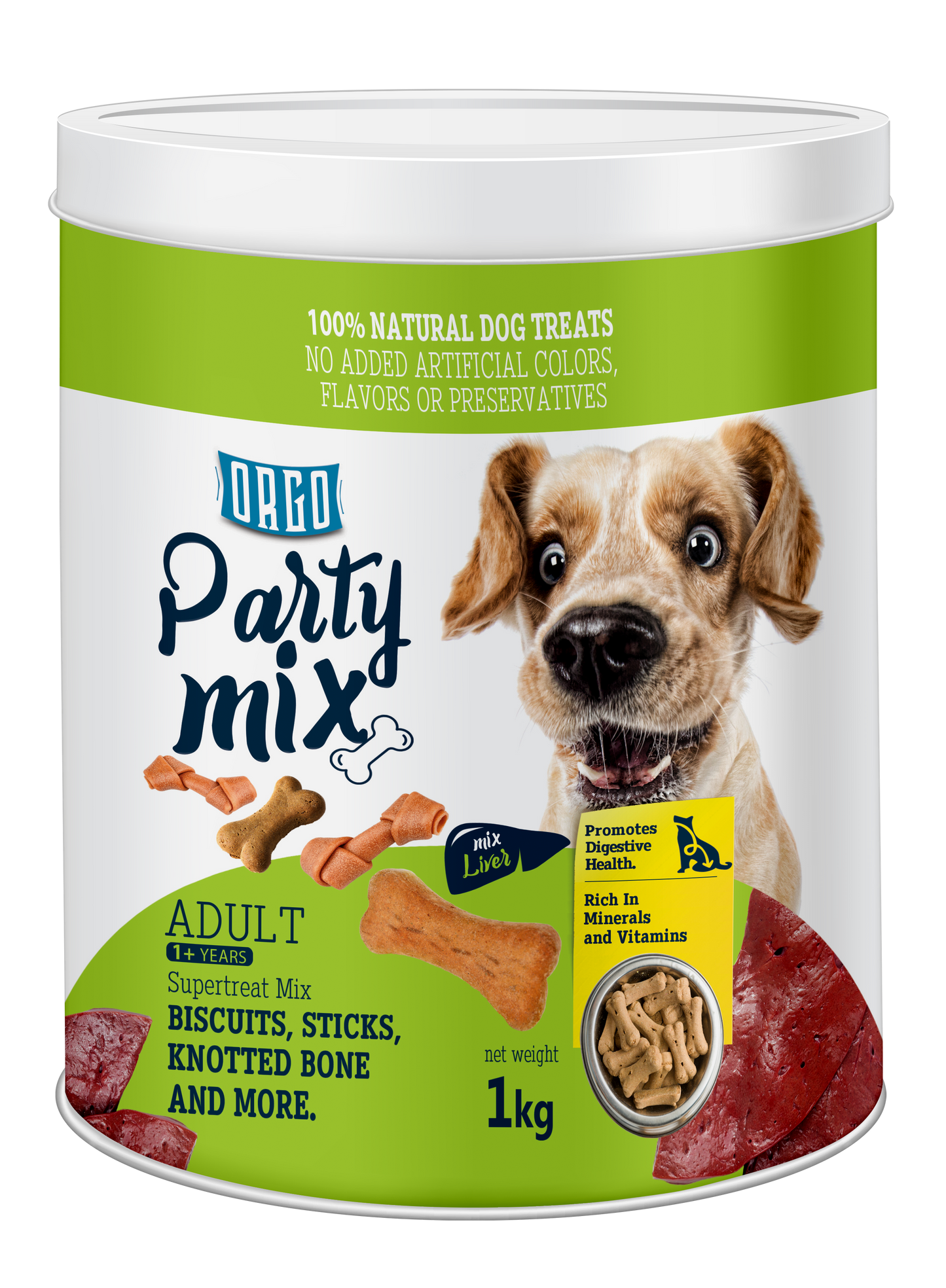 ORGO Party Mix™ Dog Treats – 1 kg Canister (Chicken, Beef, Turkey, Liver)