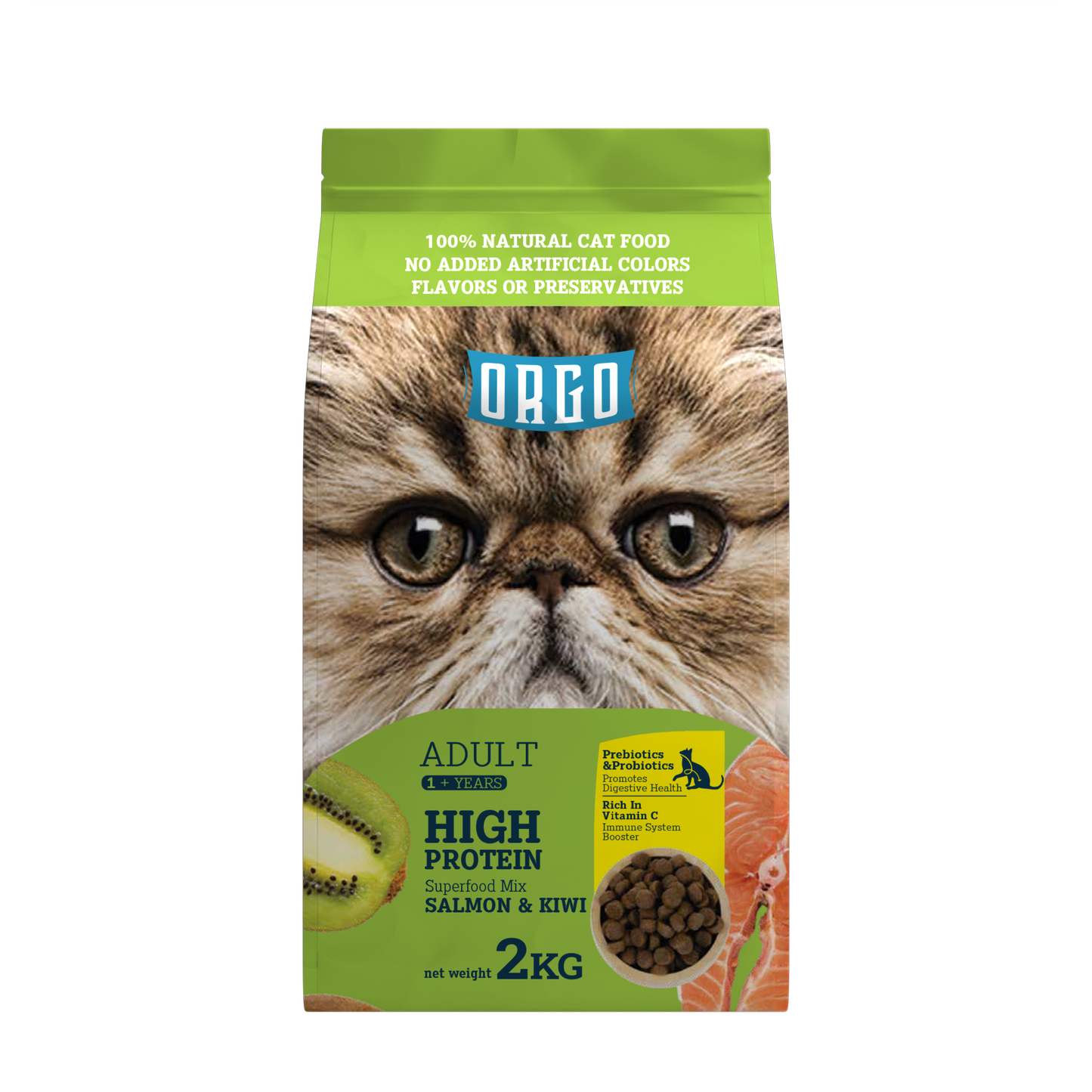 ORGO Adult High-Protein Dry Cat Food – Salmon & Kiwi Superfood Mix | 2 kg | Adult Cats (1 + Years)