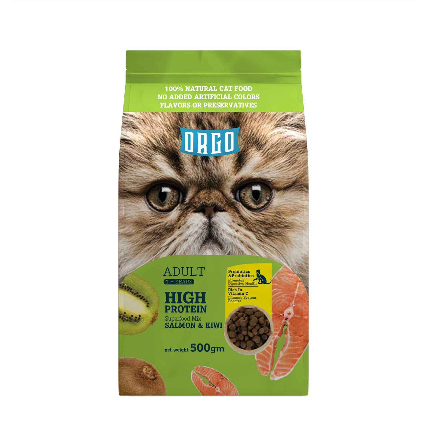 ORGO Adult High-Protein Dry Cat Food – Salmon & Kiwi Superfood Mix | 500 g | Adult Cats (1 + Years)