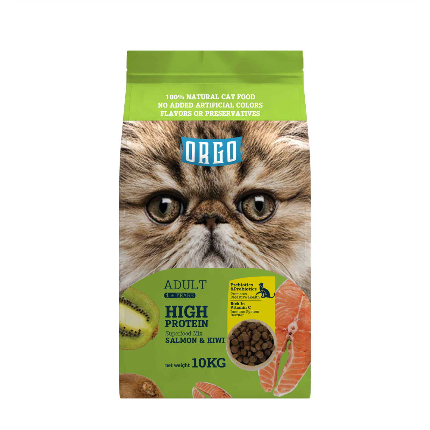 ORGO Adult High-Protein Dry Cat Food – Salmon & Kiwi Superfood Mix | 10 kg | Adult Cats (1 + Years)