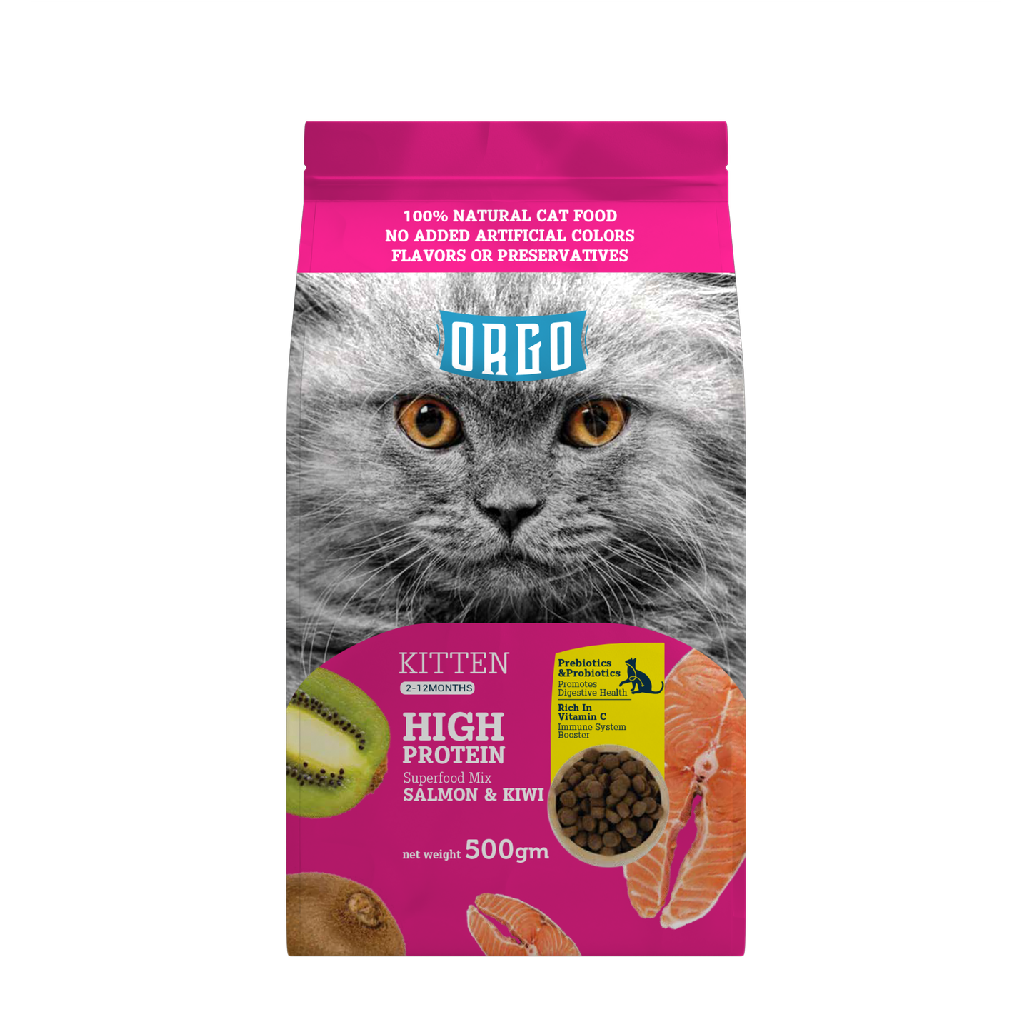 ORGO Kitten High-Protein Dry Cat Food – Salmon & Kiwi Superfood Mix | 500 g | Kittens (2-12 months)
