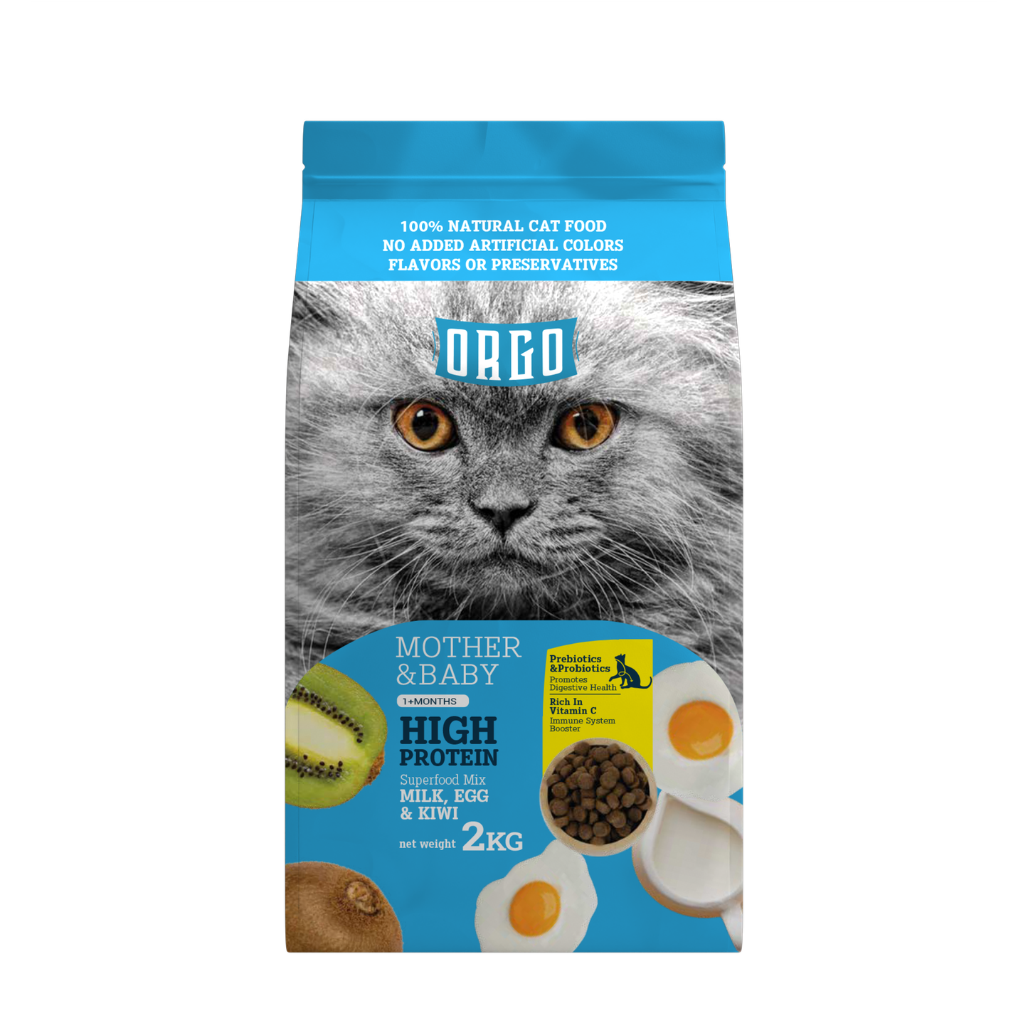 ORGO Mother & Baby High-Protein Dry Cat Food – Milk, Egg & Kiwi Superfood Mix | 2 kg | Kittens (1 + months) & Nursing Cats