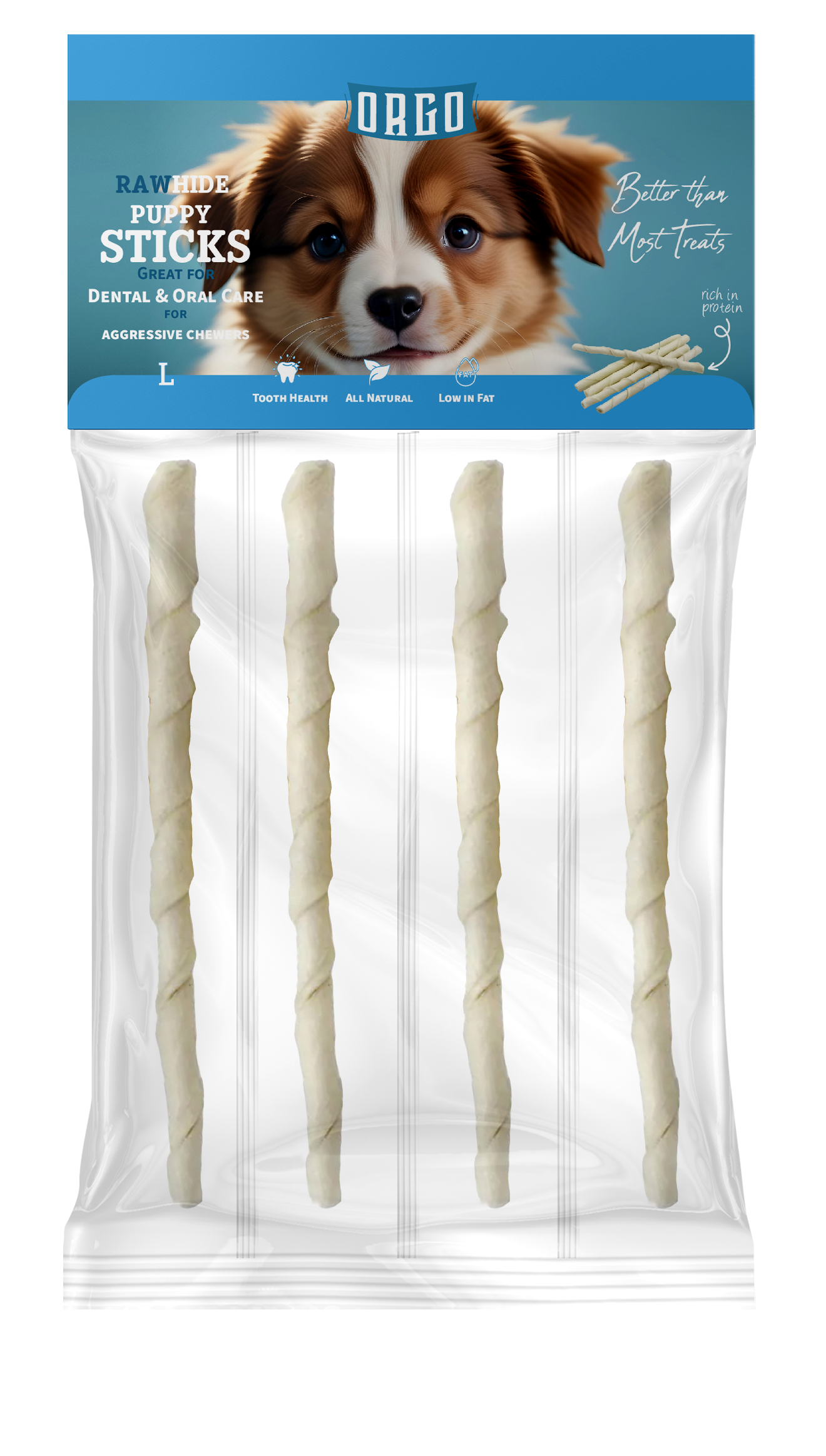 ORGO Rawhide Puppy Roll Sticks – Large (4 pcs)