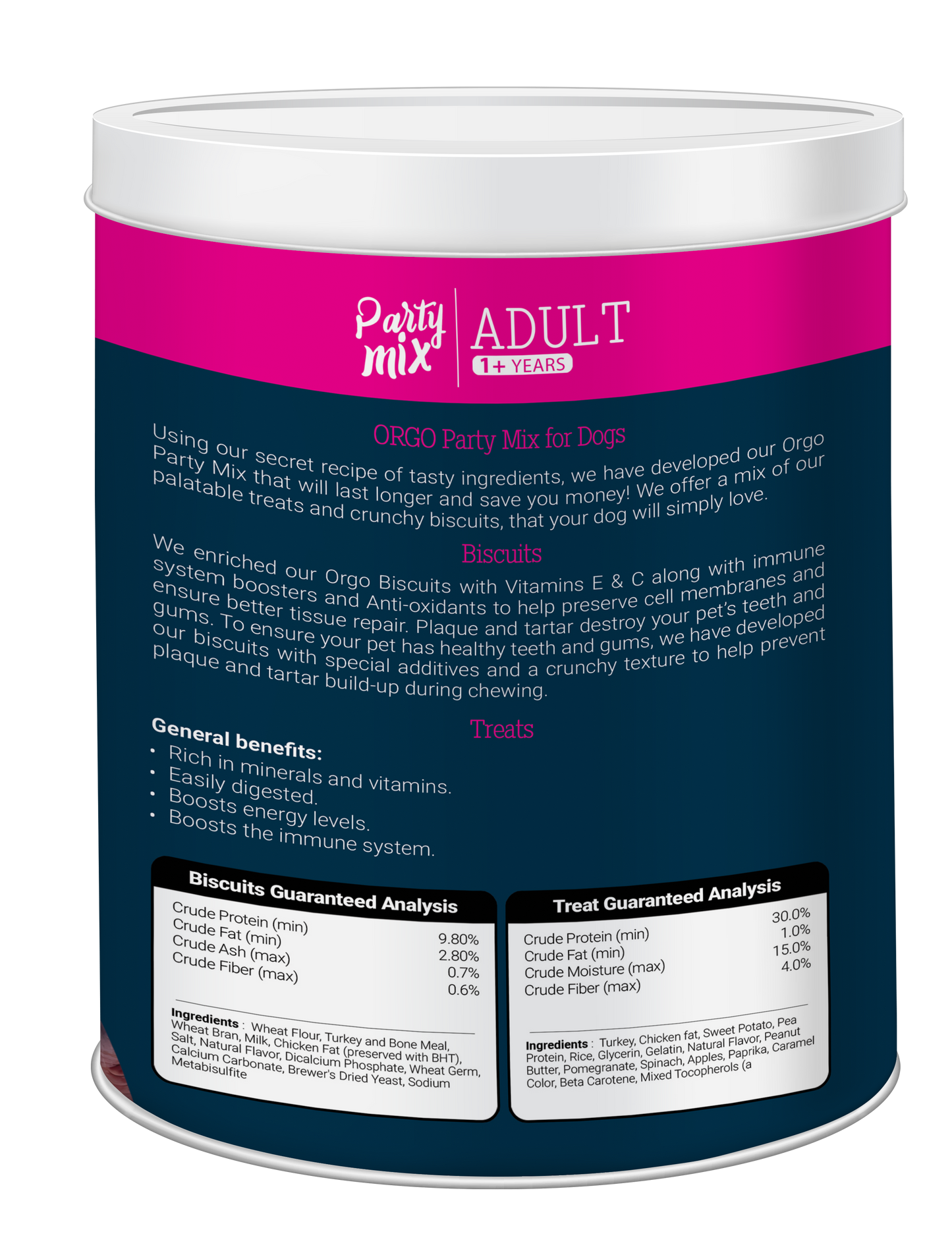 ORGO Party Mix™ Dog Treats – 1 kg Canister (Chicken, Beef, Turkey, Liver)