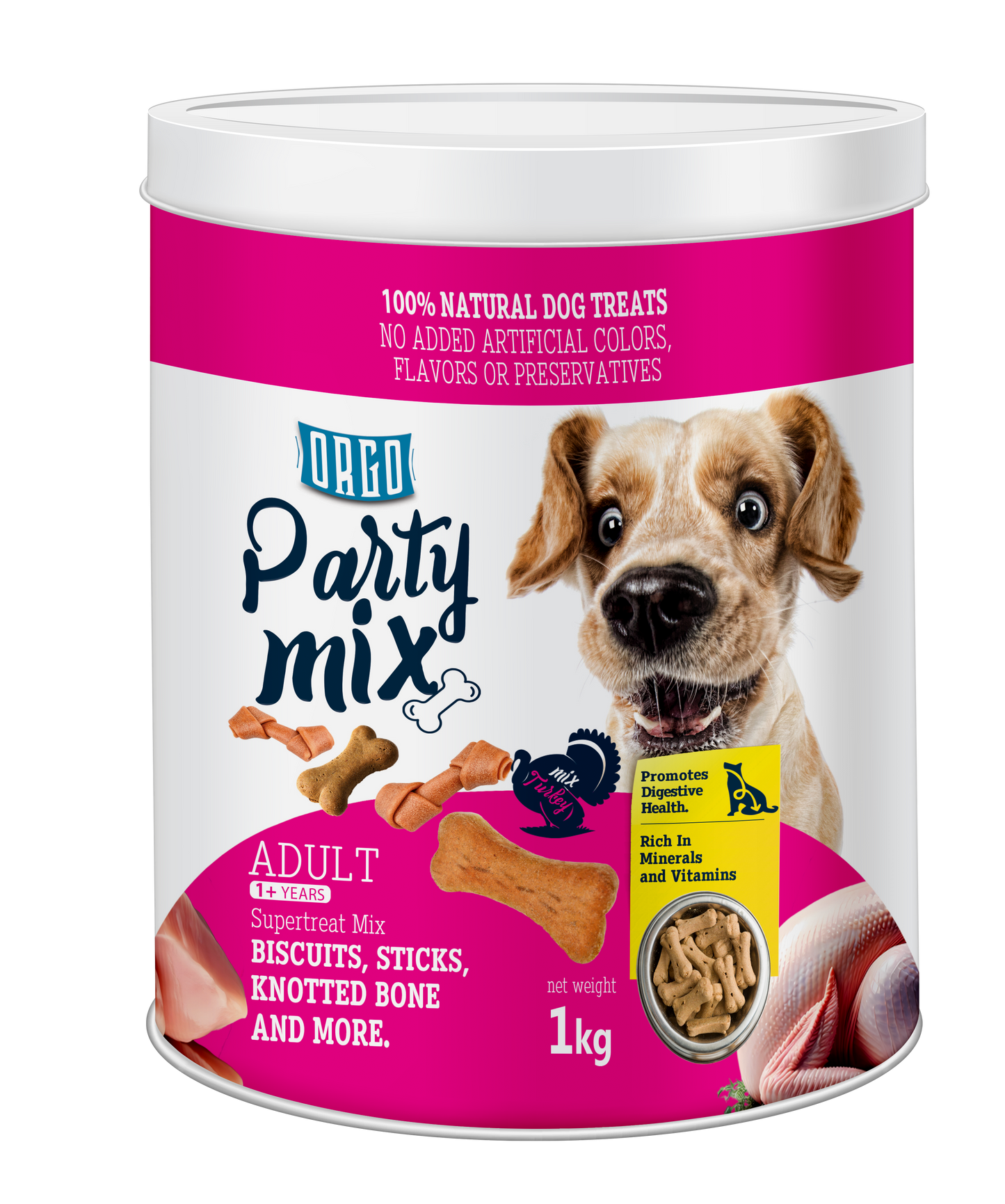 ORGO Party Mix™ Dog Treats – 1 kg Canister (Chicken, Beef, Turkey, Liver)