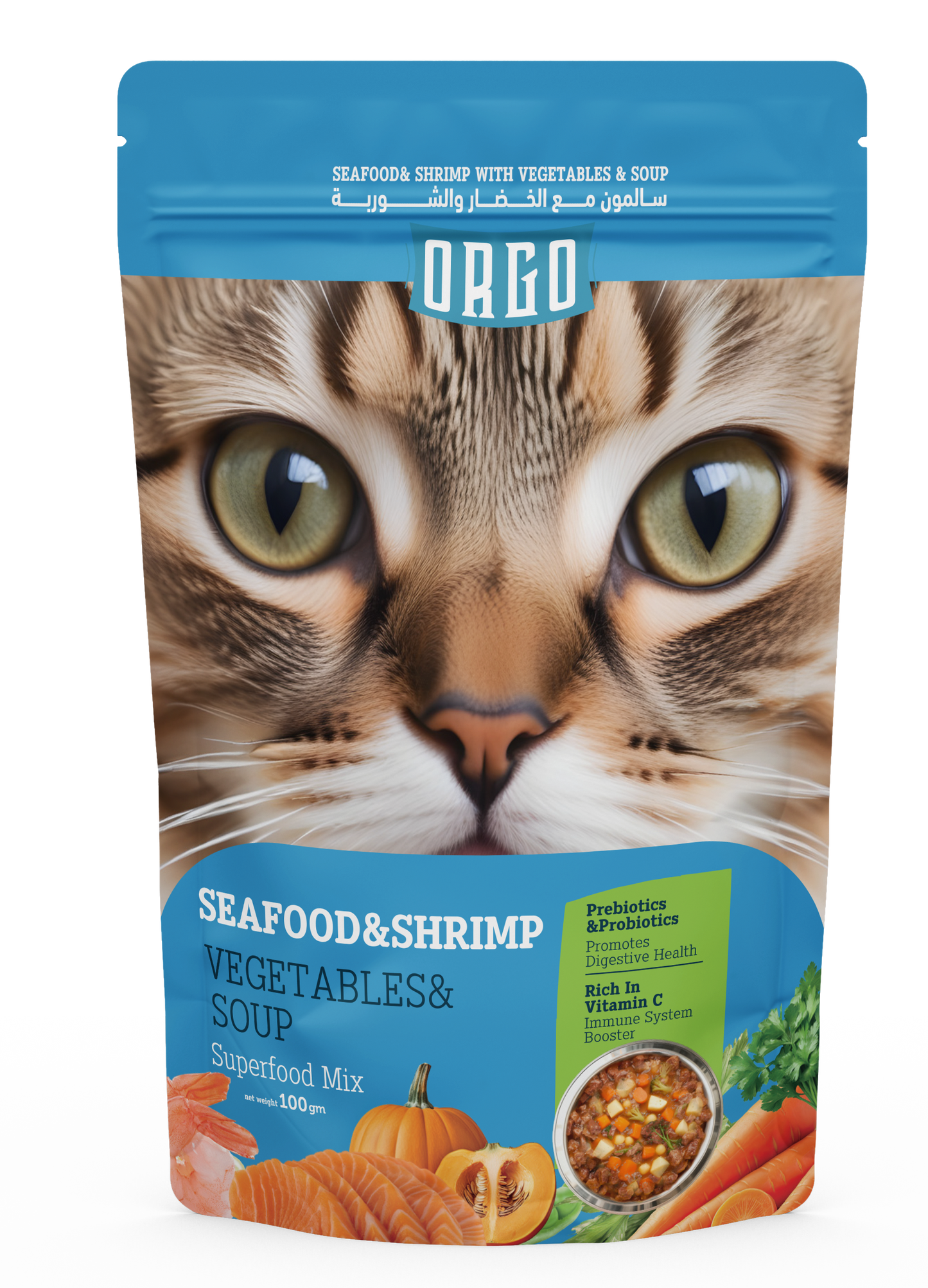 ORGO Wet Cat Food – Seafood & Shrimp with Vegetables & Soup (Superfood Mix) for Adult Cats (1+ Years), 100 g Pouch