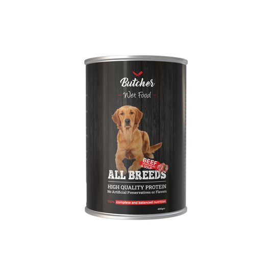 Butcher Wet Food for Dogs – All Breeds, 400g Can (4 Flavors)