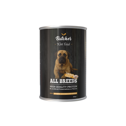 Butcher Wet Food for Dogs – All Breeds, 400g Can (4 Flavors)