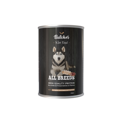 Butcher Wet Food for Dogs – All Breeds, 400g Can (4 Flavors)
