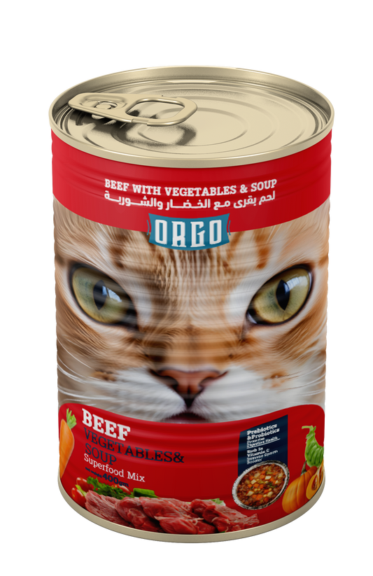 ORGO Wet Canned Cat Food – Beef with Vegetables & Soup (Superfood Mix) for Adult Cats (1+ Years), 400 g