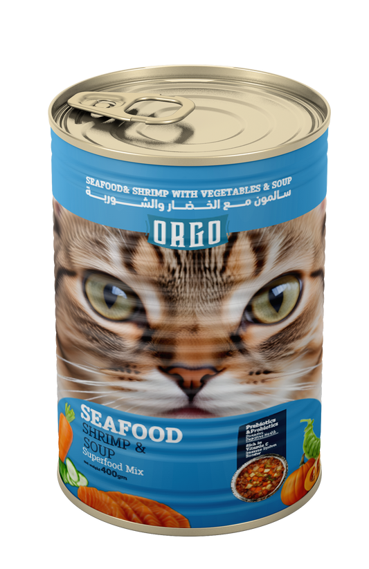 ORGO Wet Canned Cat Food – Seafood, Shrimp & Soup (Superfood Mix) for Adult Cats (1+ Years), 400 g