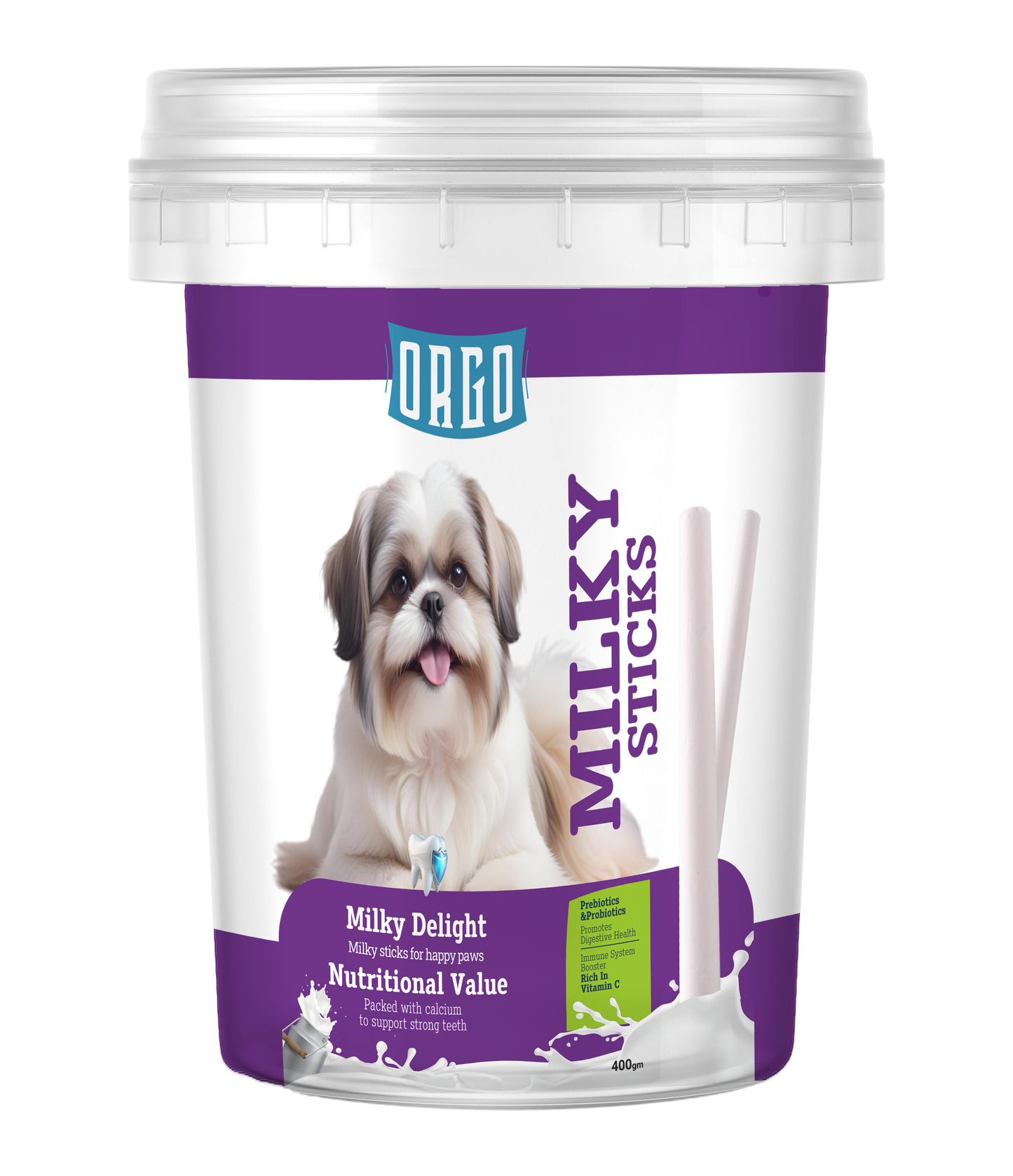 ORGO Milky Sticks Dental-Care Sticks for Dogs – 400 g Resealable Tub