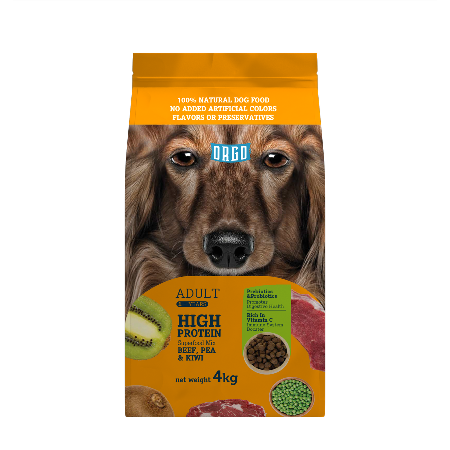 ORGO Adult High-Protein Dry Dog Food – Beef, Pea & Kiwi Superfood Mix | 4 kg | for Adult Dogs (1 + Years)