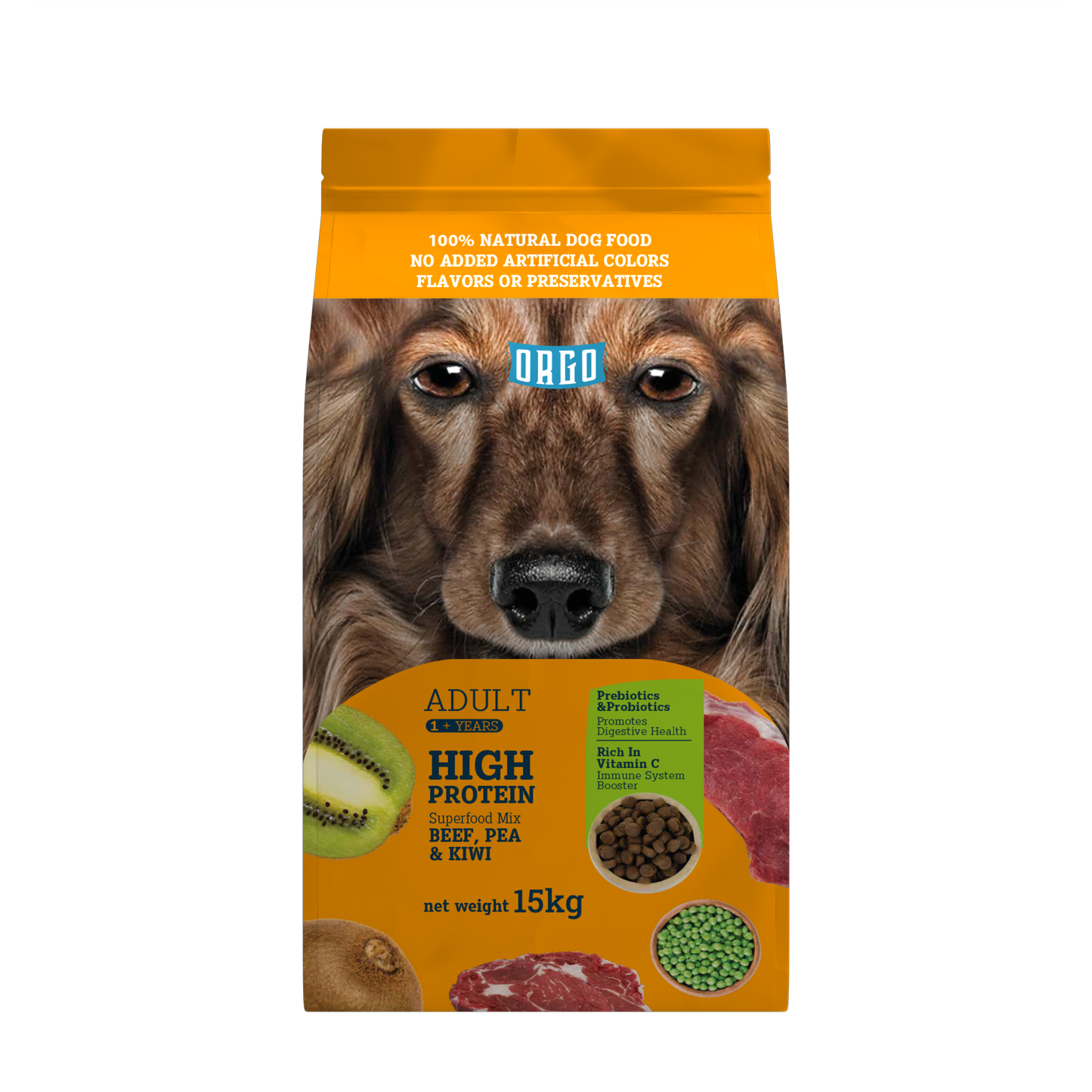 ORGO Adult High-Protein Dry Dog Food – Beef, Pea & Kiwi Superfood Mix | 15 kg | for Adult Dogs (1 + Years)