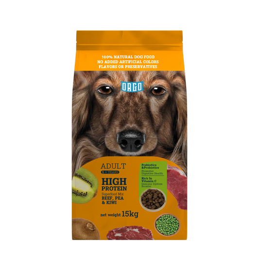 ORGO Adult High-Protein Dry Dog Food – Beef, Pea & Kiwi Superfood Mix | 15 kg | for Adult Dogs (1 + Years)