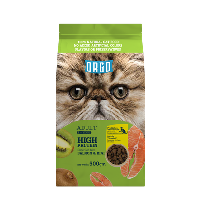 ORGO Adult High-Protein Dry Cat Food – Salmon & Kiwi Superfood Mix | 500 g | Adult Cats (1 + Years)