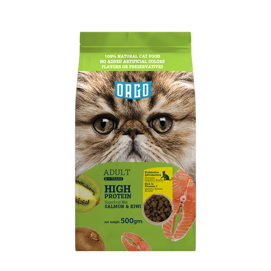 ORGO Adult High-Protein Dry Cat Food – Salmon & Kiwi Superfood Mix | 500 g | Adult Cats (1 + Years)