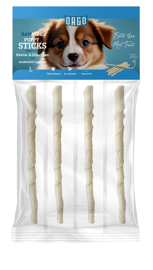 ORGO Rawhide Puppy Roll Sticks – Large (4 pcs)