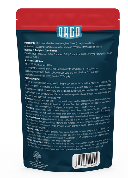 ORGO Wet Cat Food – Beef with Vegetables & Soup (Superfood Mix) for Adult Cats (1+ Years), 100 g Pouch
