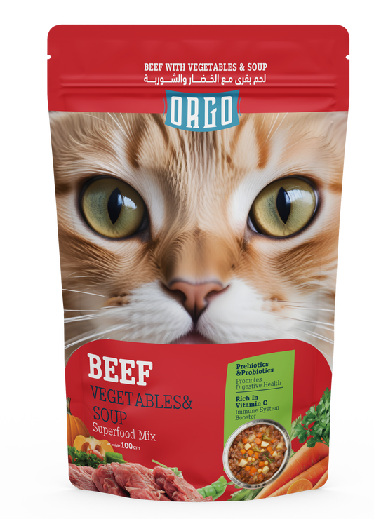 ORGO Wet Cat Food – Beef with Vegetables & Soup (Superfood Mix) for Adult Cats (1+ Years), 100 g Pouch