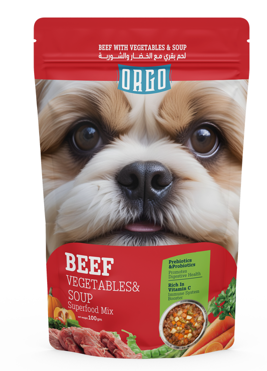 ORGO Wet Pouch Dog Food – Beef with Vegetables & Soup (Superfood Mix) for Adult Dogs (1+ Years), 100 g