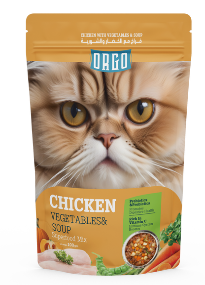 ORGO Wet Cat Food – Chicken with Vegetables & Soup (Superfood Mix) for Adult Cats (1+ Years), 100 g Pouch