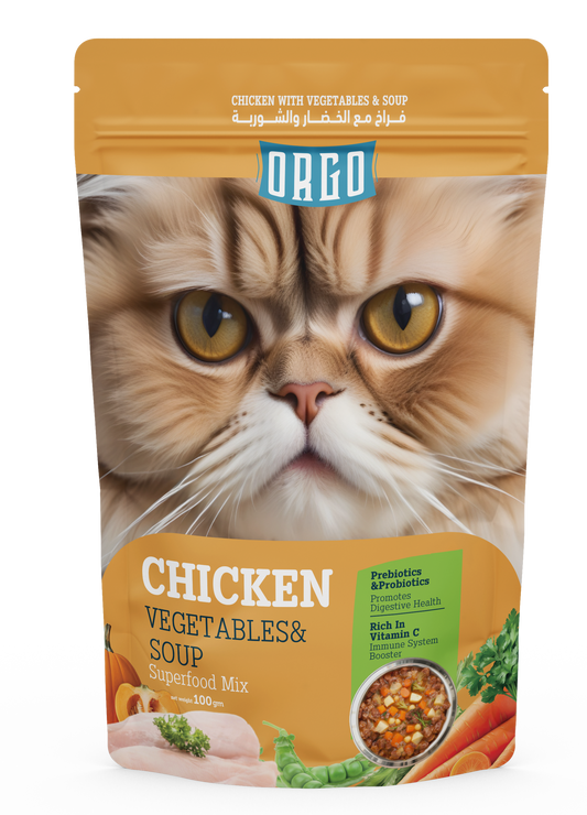 ORGO Wet Cat Food – Chicken with Vegetables & Soup (Superfood Mix) for Adult Cats (1+ Years), 100 g Pouch