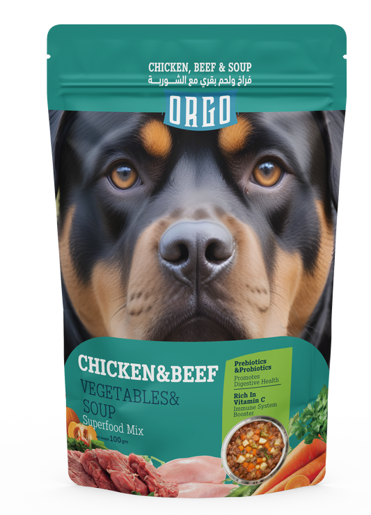 ORGO Wet Pouch Dog Food – Chicken & Beef with Vegetables & Soup (Superfood Mix) for Adult Dogs (1+ Years), 100 g