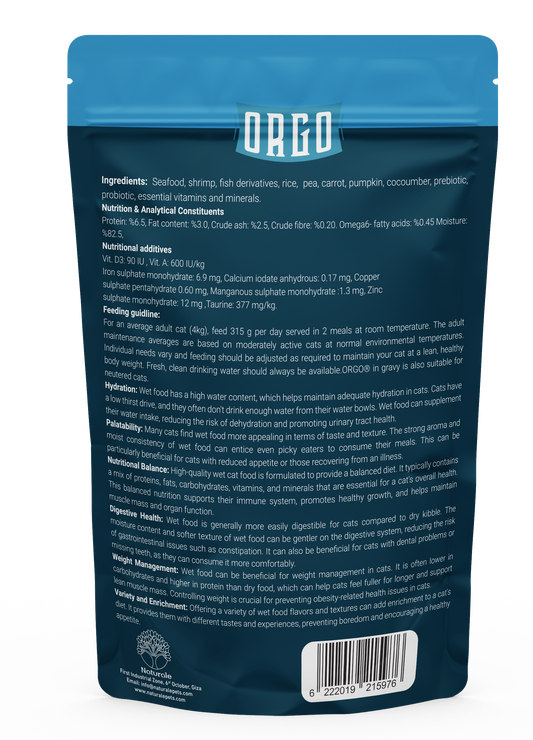 ORGO Wet Cat Food – Seafood & Shrimp with Vegetables & Soup (Superfood Mix) for Adult Cats (1+ Years), 100 g Pouch