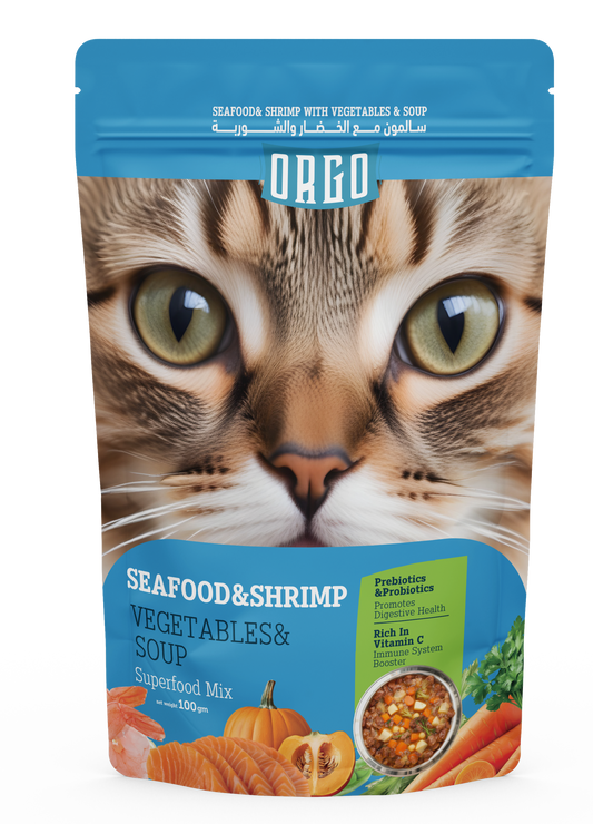 ORGO Wet Cat Food – Seafood & Shrimp with Vegetables & Soup (Superfood Mix) for Adult Cats (1+ Years), 100 g Pouch